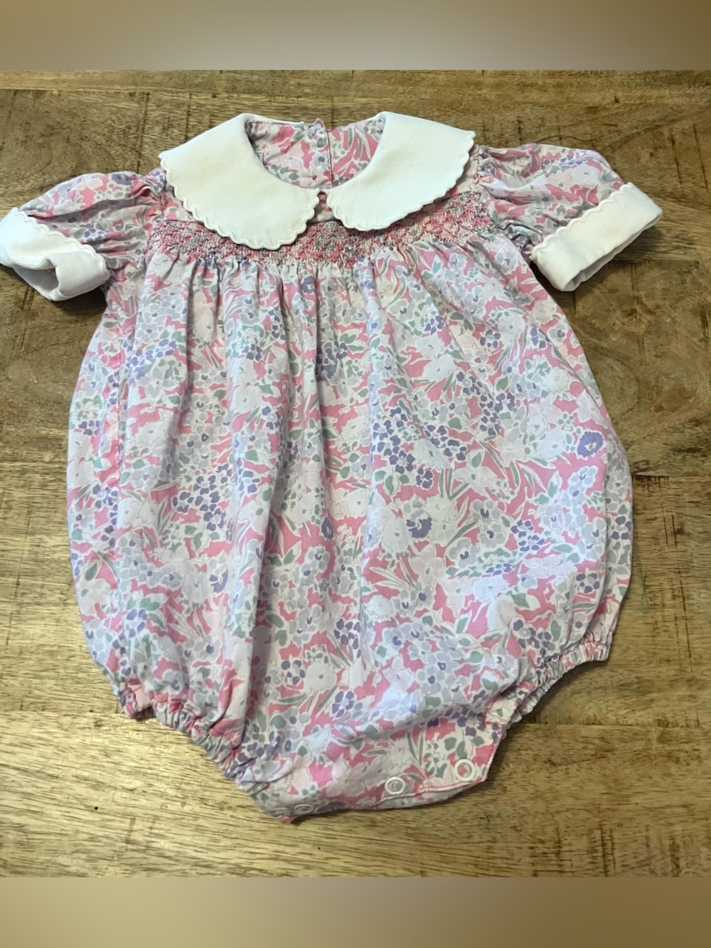 Laura Ashley vintage 12-18 mo cotton Pink Floral Smocked Bubble romper One-Piece